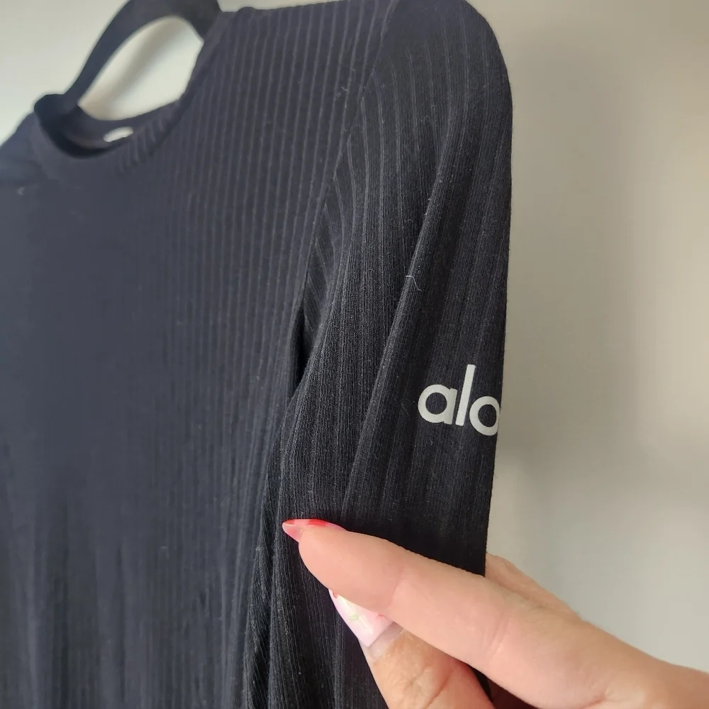 Alo Yoga Black Alosoft Ribbed Serene Long Sleeve Mini Dress​ S